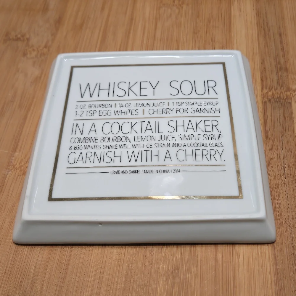 Crate & Barrel WHISKEY SOUR Appetizer Plate Trinket Dish, recipe on back